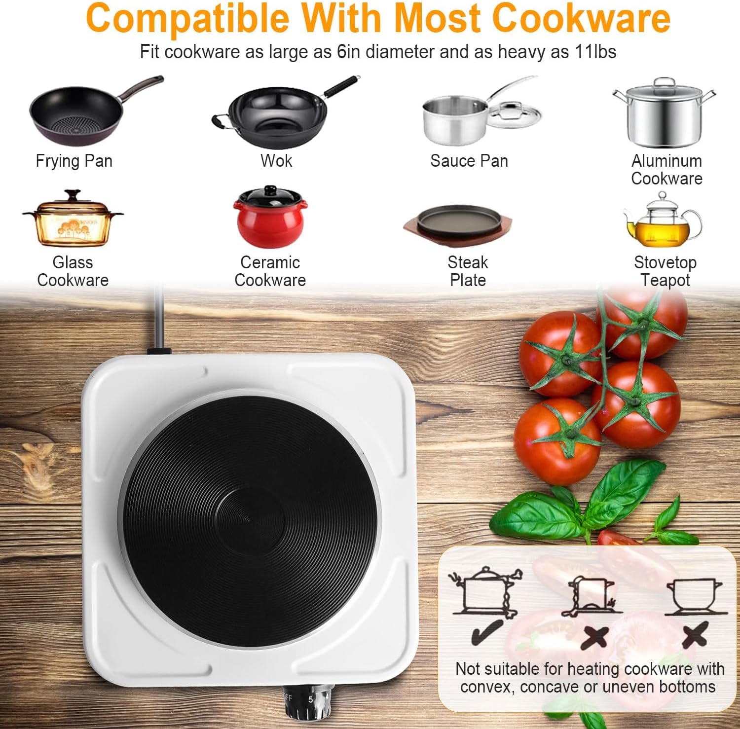 TeqHome Hot Plate, 1500W Portable Electric Stove for Cooking with 5 Levels Adjustable Temperature & Knob Control,Countertop Single Coil Burner Cast Iron Cooktop for All Cookwares Home Camp RV (White)