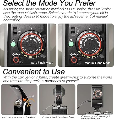 Miniatura 4 de Godox Lux Senior Retro Camera Flash,3.7V1700mAh batería recargable, GN14 6000K  200K 1.102 in de longitud focal, flash automáticomanual, flash