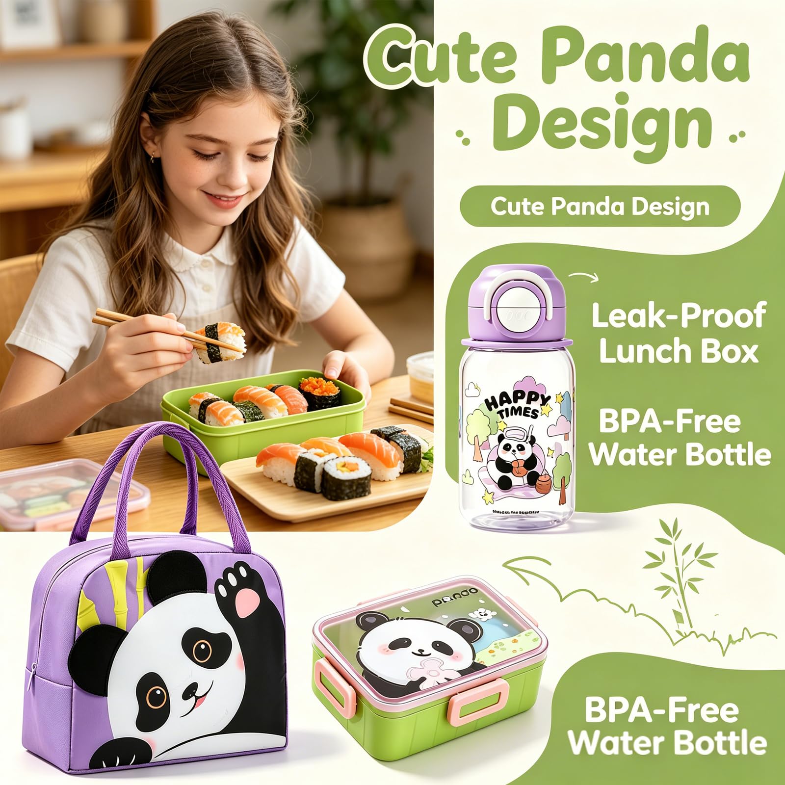 Panda Fiambrera Bento,600ml Bento Lunch Box con Compartimentos,Bolsa Térmica Aislada de Aluminio y Panda Botella de Agua 620ml con Pajita,Cubiertos Caja para Picnic Viajes Trabajo (púrpura)