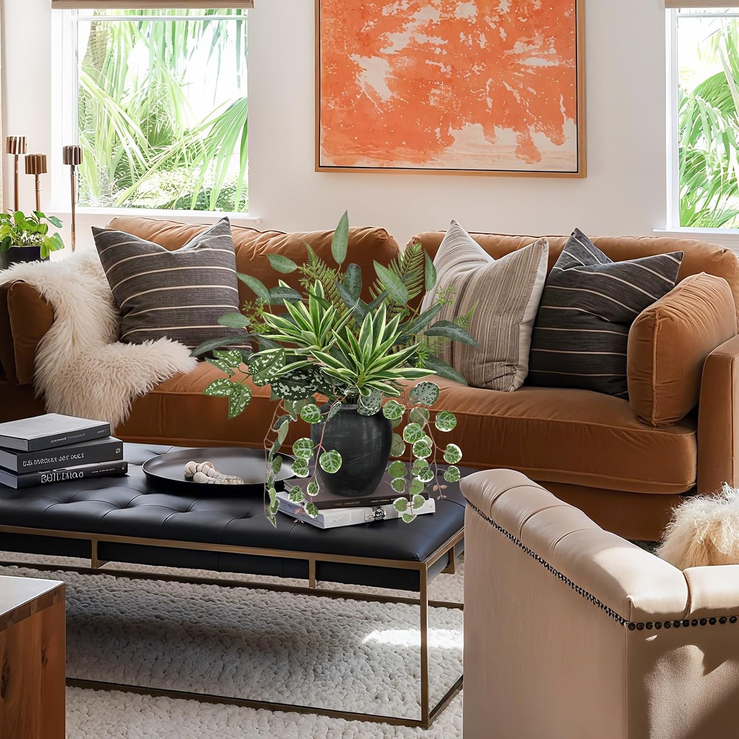 Artificial Greenery Arrangement with Cement Vase, Fake Potted Plants in Rustic Jug Planter, Faux Leaf Bouquet for Table Centerpiece, Farmhouse Home Decor, Dining Room, Living Room, Shelf Decoration