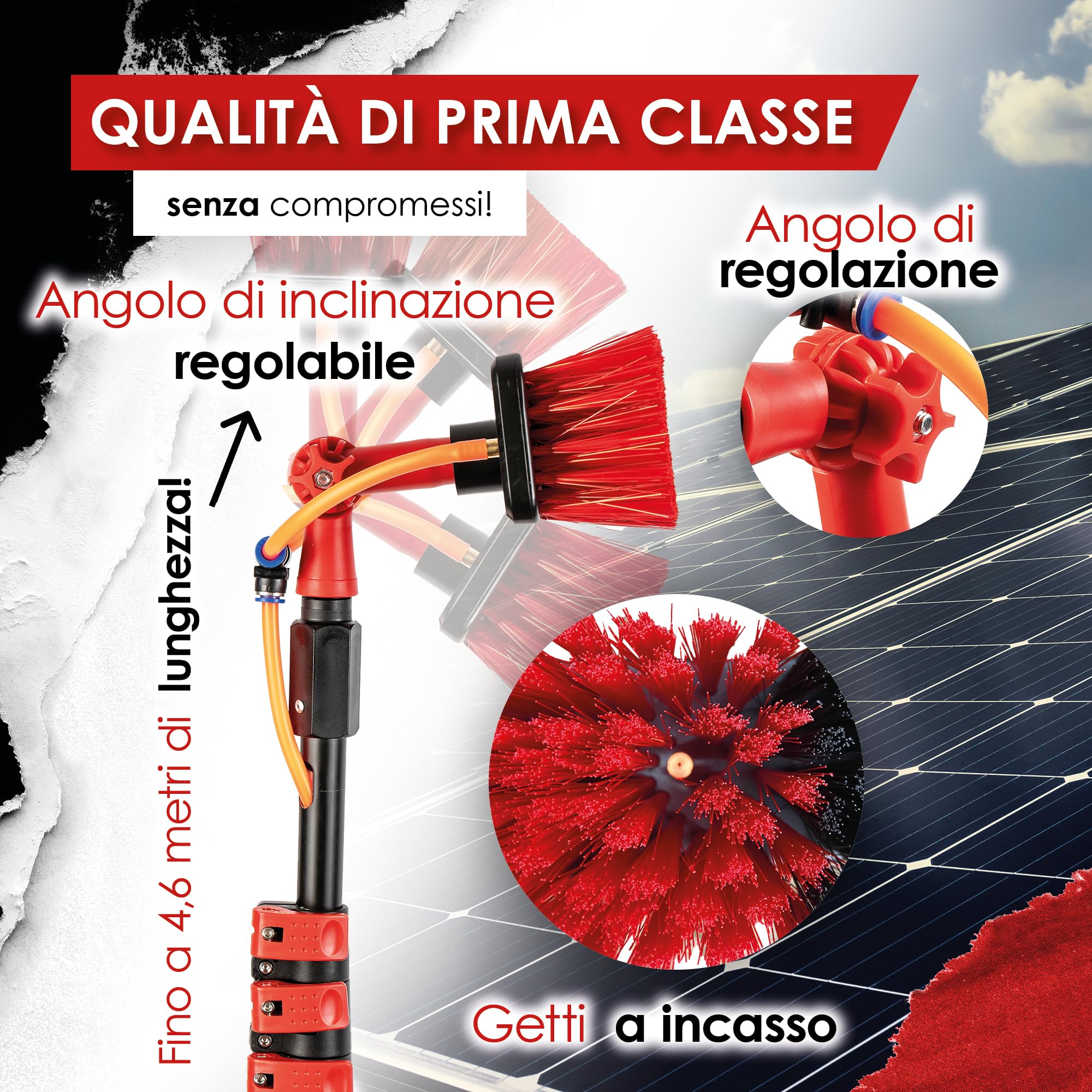 BoomDing Kit Pulizia Pannelli fotovoltaici | 4,6 Metri | Alluminio | Estensibile | per pulizia fotovoltaico | Scopa per lavare Tapparelle | Spazzola telescopica per lavaggio pannelli fotovoltaici