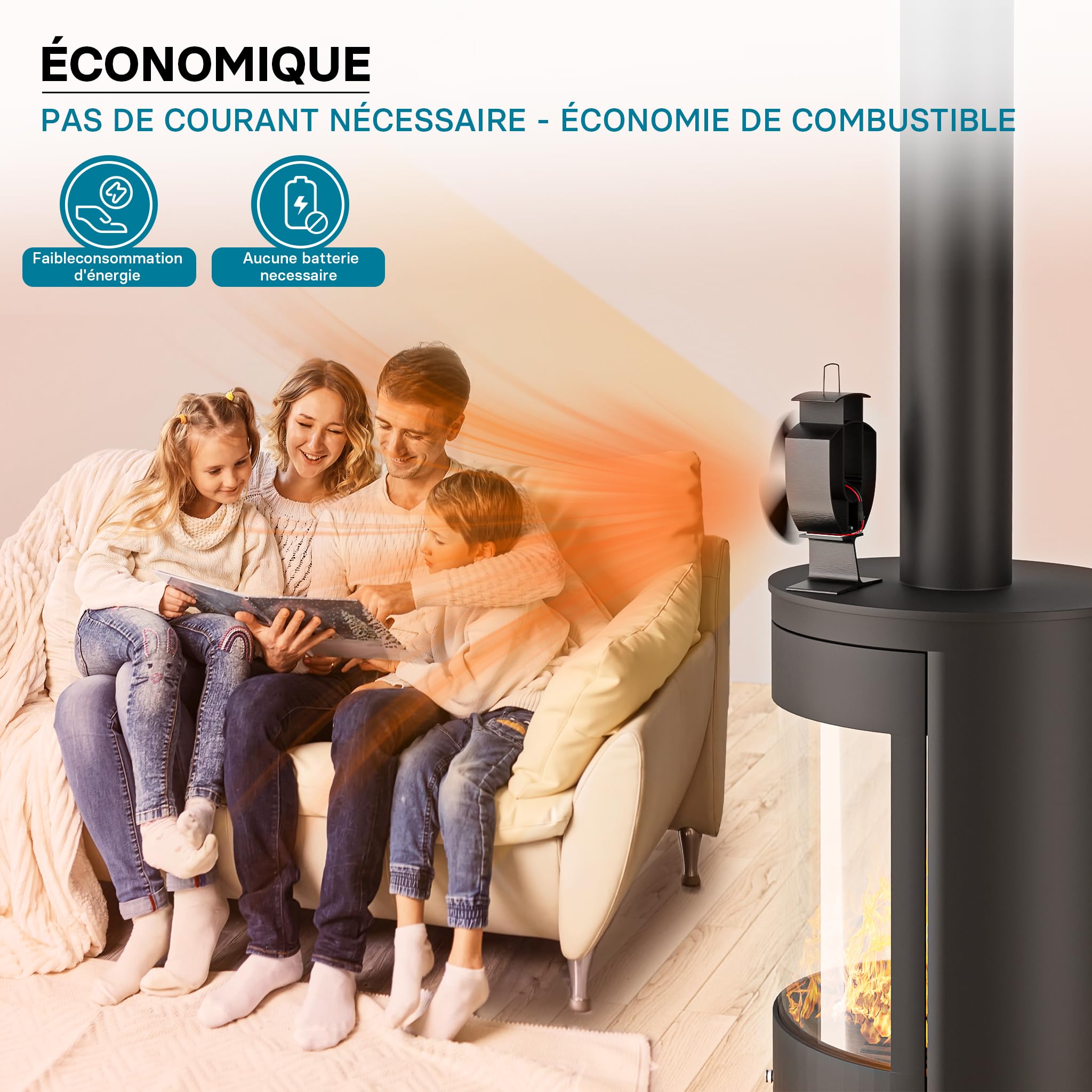 WilTec Ventilateur de poêle à bois – 3 Pales – 1100 tr/min – 50-300 °C – Autoalimentation thermique par Chaleur Sans courant – Distribution homogène de chaleur de cheminée