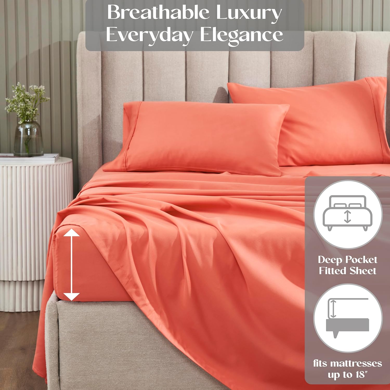 Superior 1200 Thread Count Cotton Blend Sheet Set, Deep Pocket Sheets, 1 Elastic Deep Pocket Fitted Sheet, 1 Flat Sheet, 2 Pillowcases, Cotton Rich Soft Daily Bedding, Sateen Weave, King, Coral - Image 9