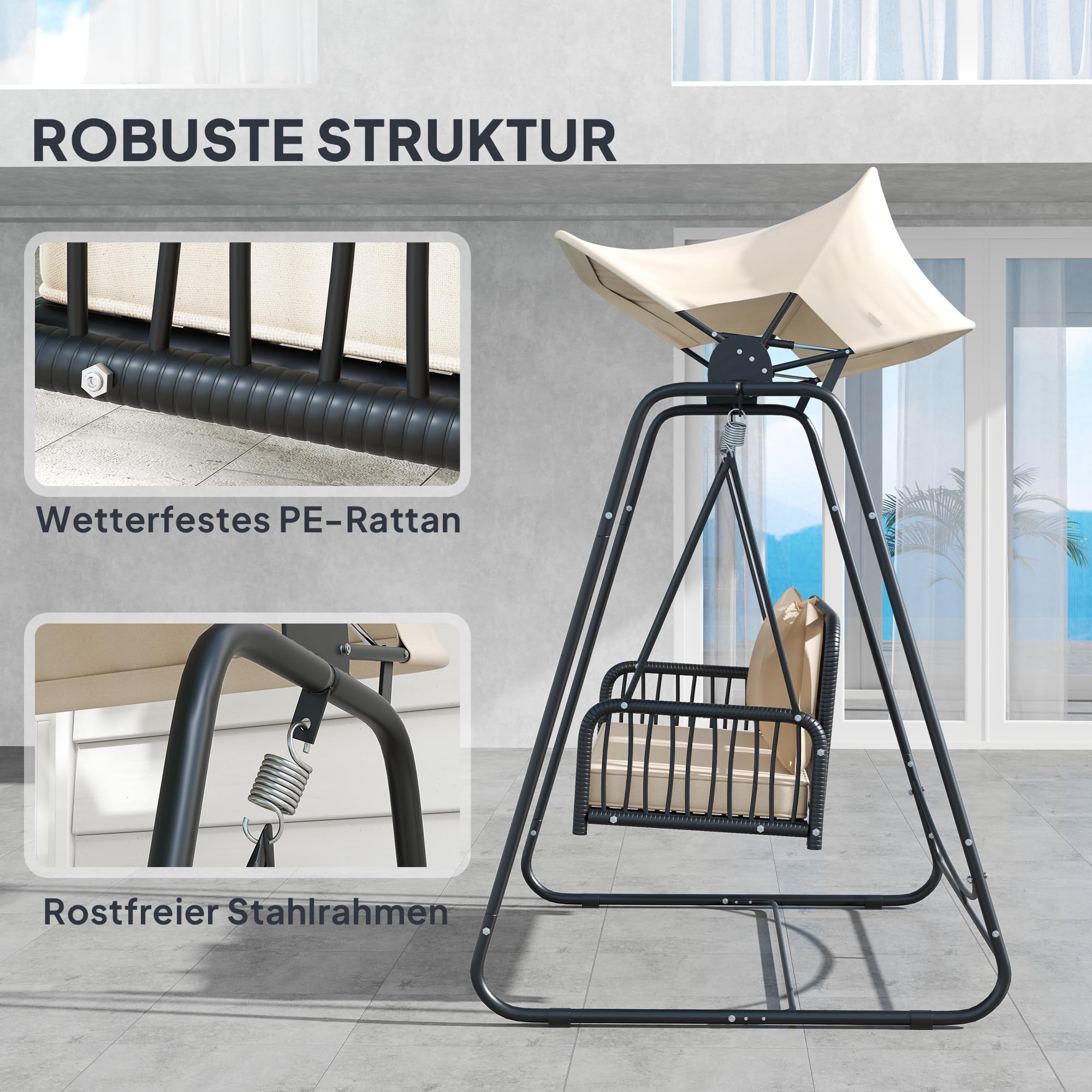 Outsunny Hollywoodschaukel Rattan 2-Sitzer Gartenschaukel mit verstellbar Sonnendach Kissen Hängebank bis 240 kg belastbar Hängeschaukel Schaukelbank für Garten Balkon 149 x 121 x 180 cm Khaki