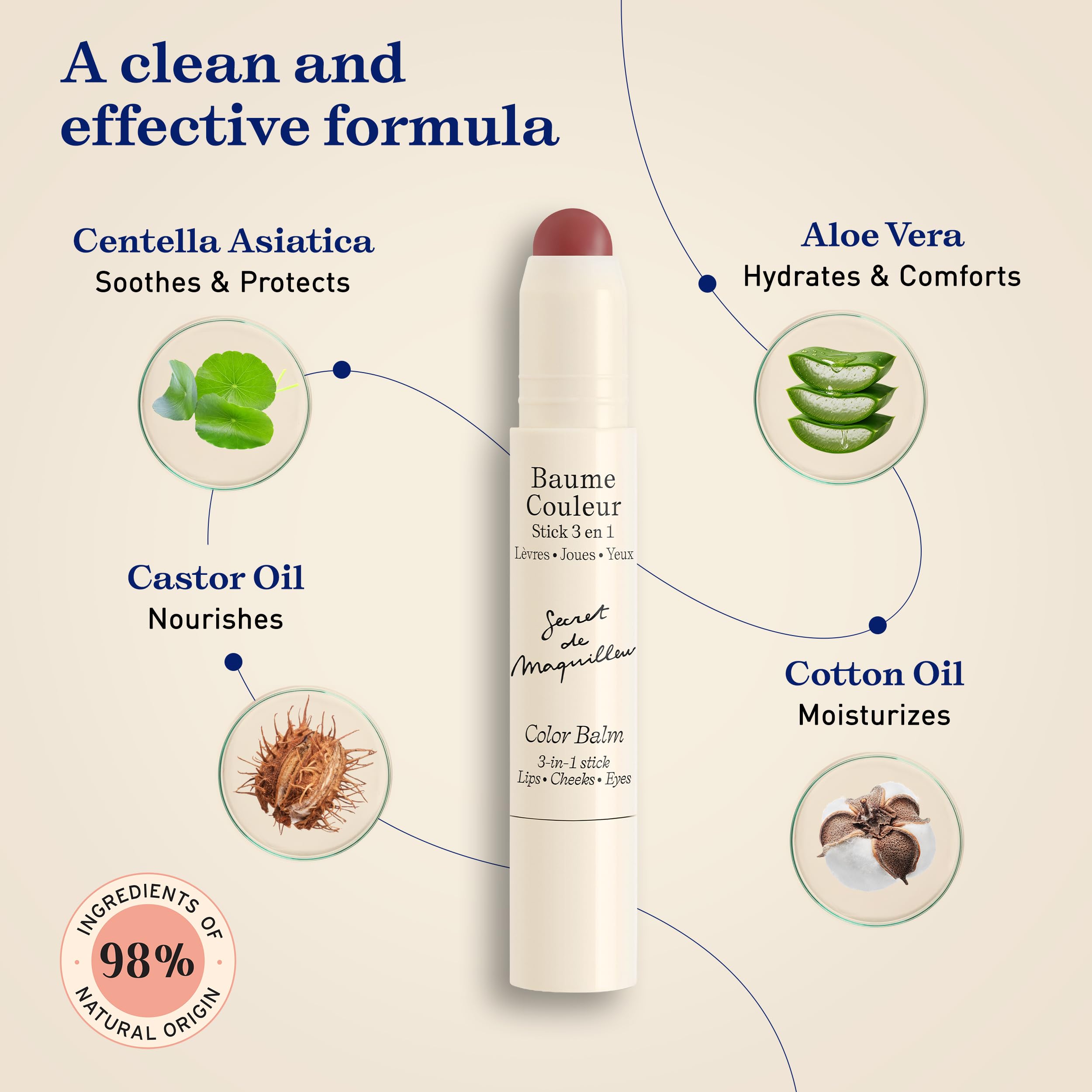 Embryolisse Color Balm 3-in-1 Stick, Mocha, Multi-Use Tint for Eyes Lips & Cheeks, Hydrating Balm with Centella Asiatica & Aloe Vera, Vegan, Fragrance Free, 0.08 oz