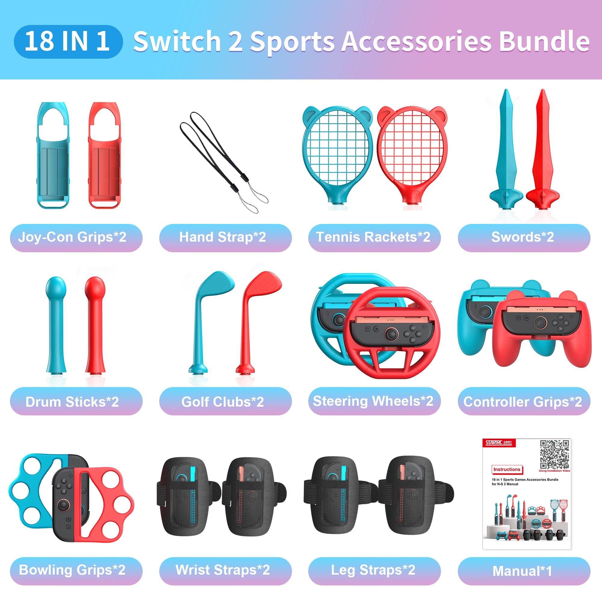 STARTRC GAMES Switch 2 Sports Accessories Bundle for Nintendo Switch 2,18 in 1 Family Party Pack Games Accessories Set for Nintendo Switch 2 Sports Games