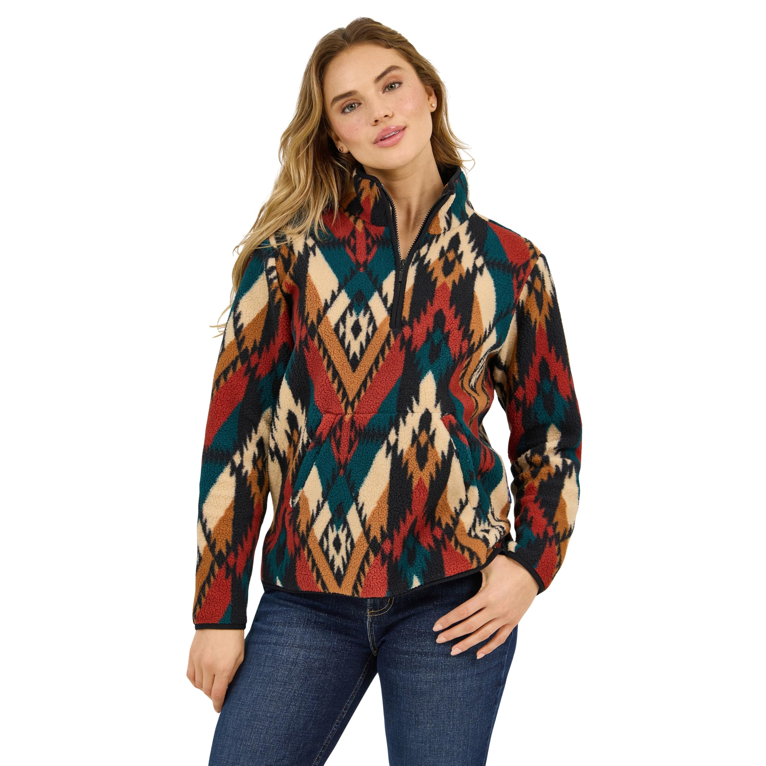 Wrangler Turquoise Pattern Retro Quarter-Zip Womens Sherpa Pullover 112371898 Multicolor XS