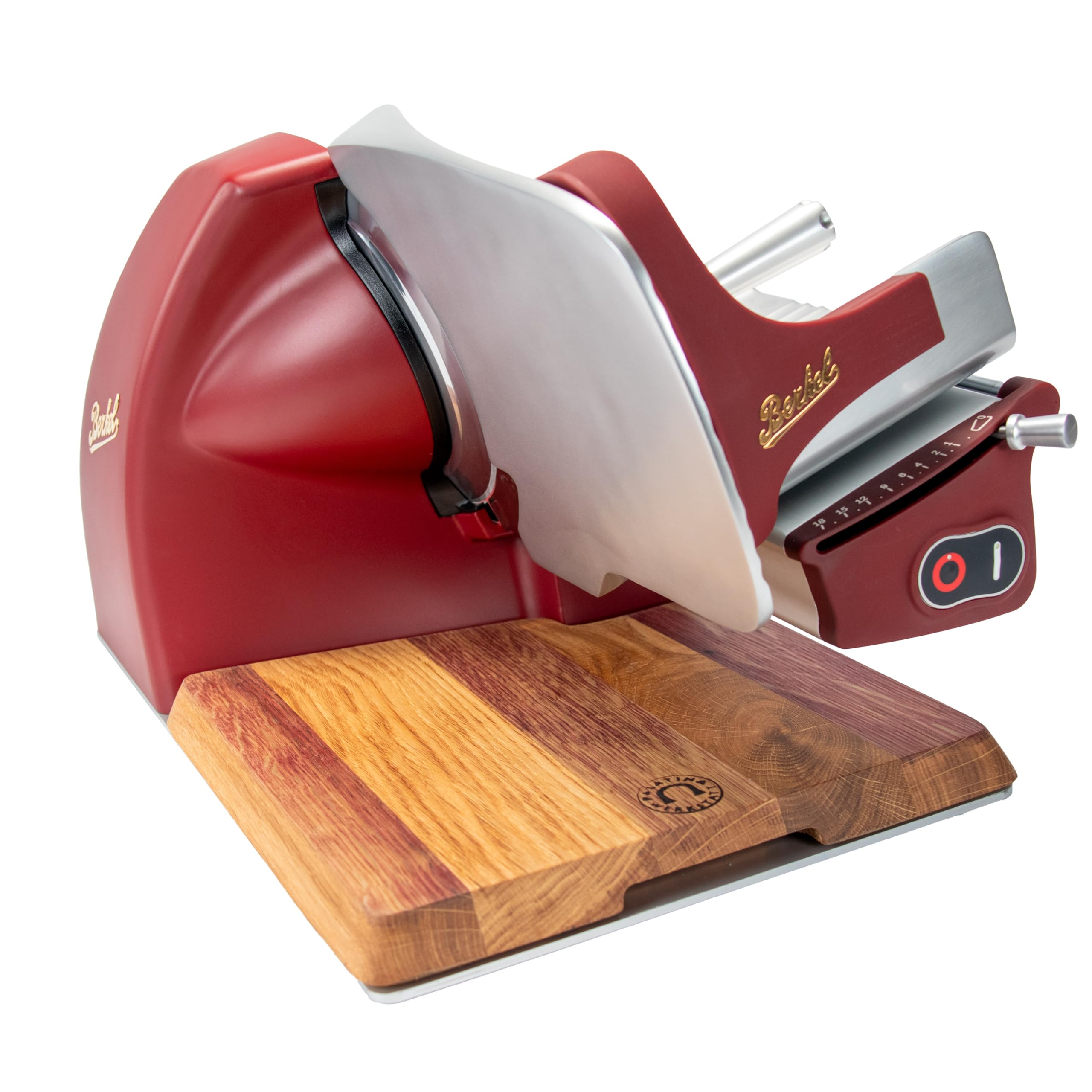 Berkel Home Line 200 Plus Affettatrice - Rosso Opaco - Elettrico & Compatto - Ideale per prosciutto, verdure e formaggi - Affettatrice di design con tagliere in legno di quercia fatto a mano