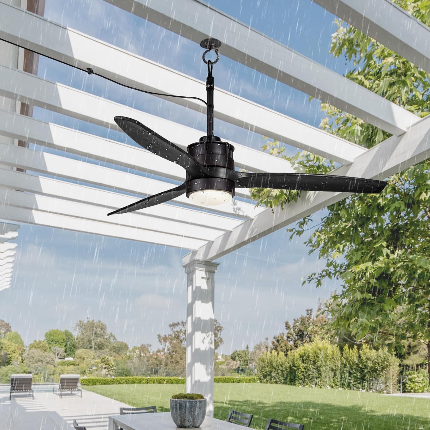 EKIZNSN 42 Inch Waterproof Outdoor Ceiling Fan for Gazebo with Hook - Damp Rated Hanging Fan with Light for Garage, Black