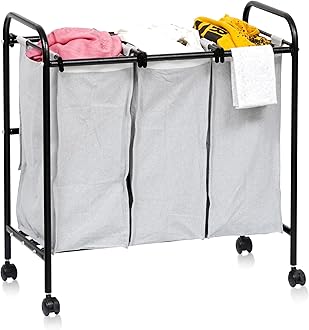 Metal Laundry Sorter 3 Section Cart With Rotating Wheels - Trolley With Removable Bags - 3 Compartment Divider Organizer & Basket for Bedroom, Home - Grey