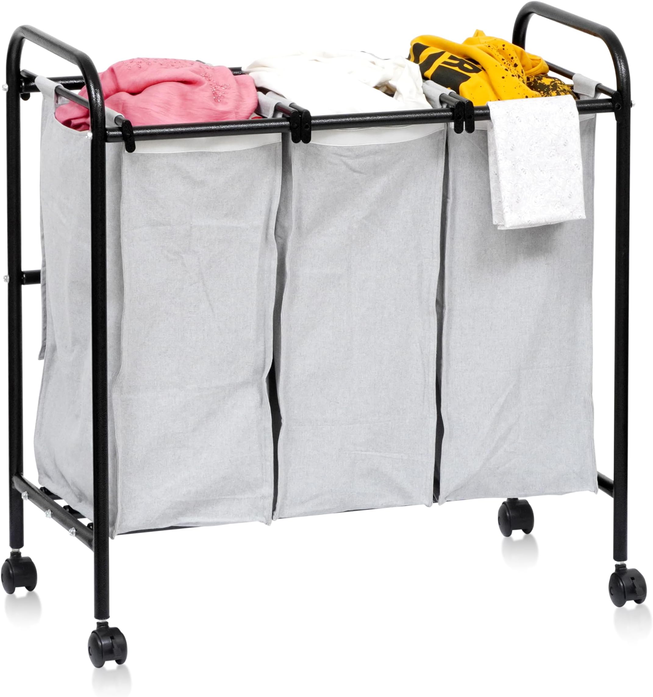 Livzing Metal Laundry Sorter 3 Section Cart With Rotating Wheels - Trolley With Removable Bags - 3 Compartment Divider Organizer & Basket for Bedroom, Home - Grey