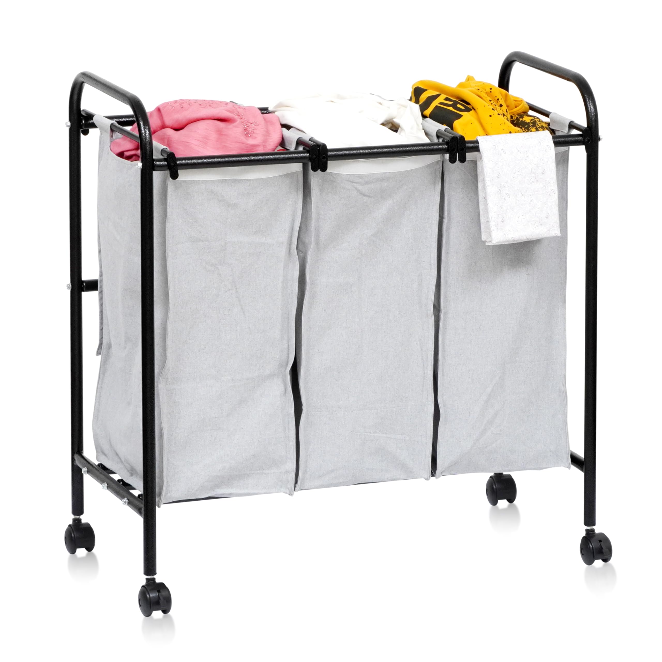 Metal Laundry Sorter 3 Section Cart With Rotating Wheels - Trolley With Removable Bags - 3 Compartment Divider Organizer & Basket for Bedroom, Home - Grey