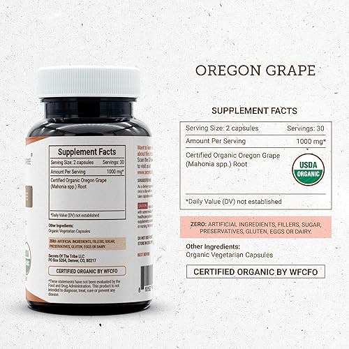 Miniatura 4 de Secrets of the Tribe Oregon Grape USDA Cápsulas orgánicas Cápsulas vegetarianas orgánicas certificadas, suplemento dietético a base de hierbas