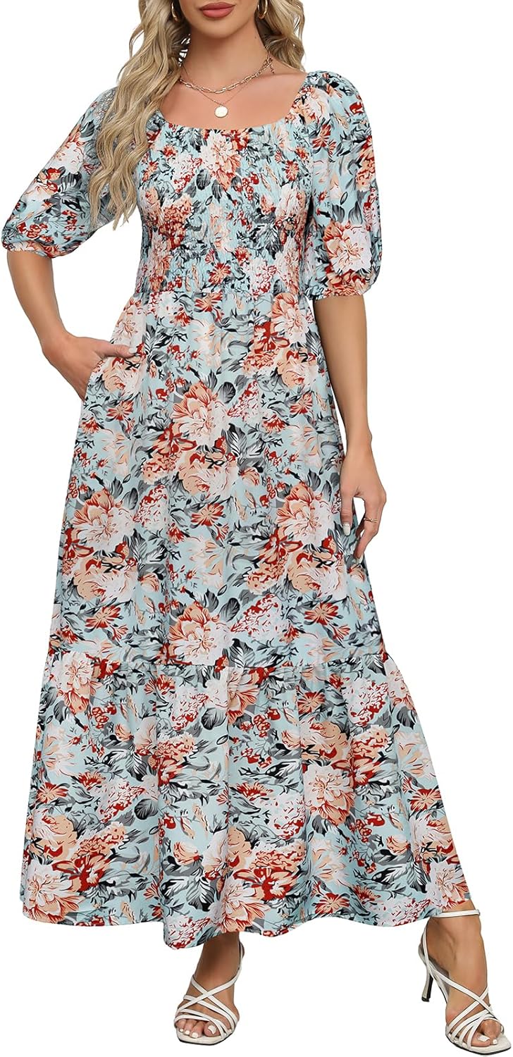 Lyrur Summer Boho Smocked Maxi Dresses for Women 2026 Casual Puff Sleeve Square Neck A Line Tiered Ruffle Ankle Length Dress