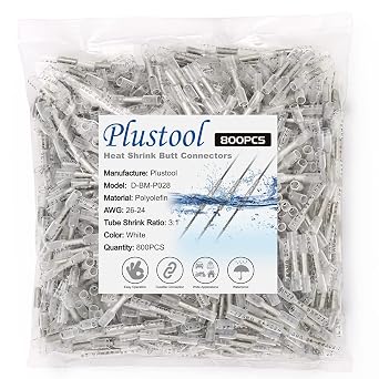 800PCS White Heat Shrink Butt Connectors AWG26-22, Plustool Marine Grade Electrical Wire Connectors, Tinned Red Copper 0.4mm, Insulated Waterproof Crimp Terminals Butt Splice for Cable,Boat,Wiring