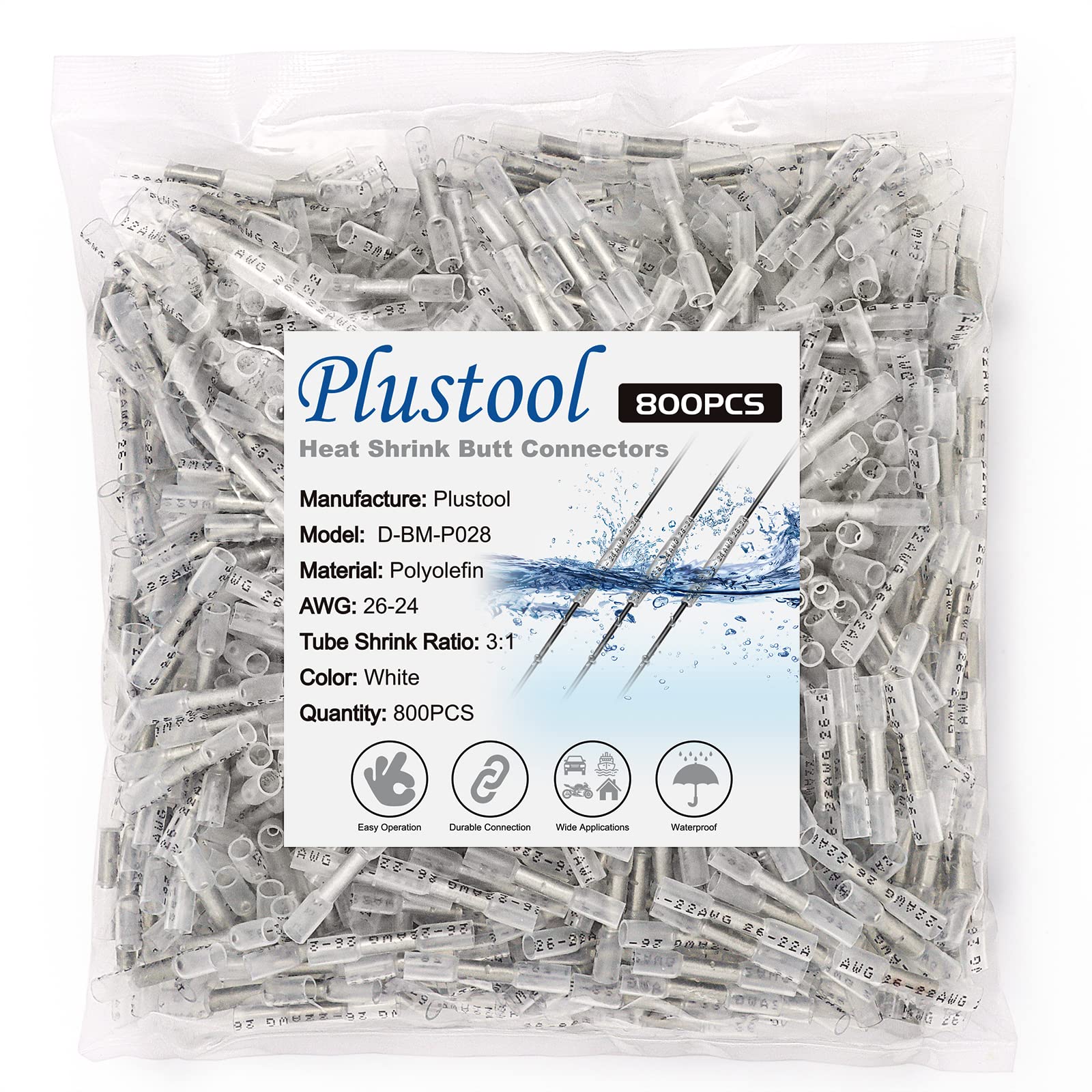 800PCS White Heat Shrink Butt Connectors AWG26-22, Plustool Marine Grade Electrical Wire Connectors, Tinned Red Copper 0.4mm, Insulated Waterproof