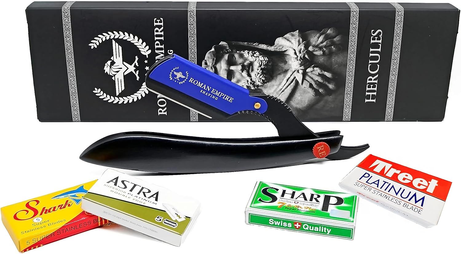 ROMAN EMPIRE SHAVING Hercules Straight Razor for Professional Barber with 20 Blades Sampler Astra-Sharp-Shark-Treet