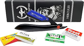 ROMAN EMPIRE SHAVING Hercules Straight Razor for Professional Barber with 20 Blades Sampler Astra-Sharp-Shark-Treet