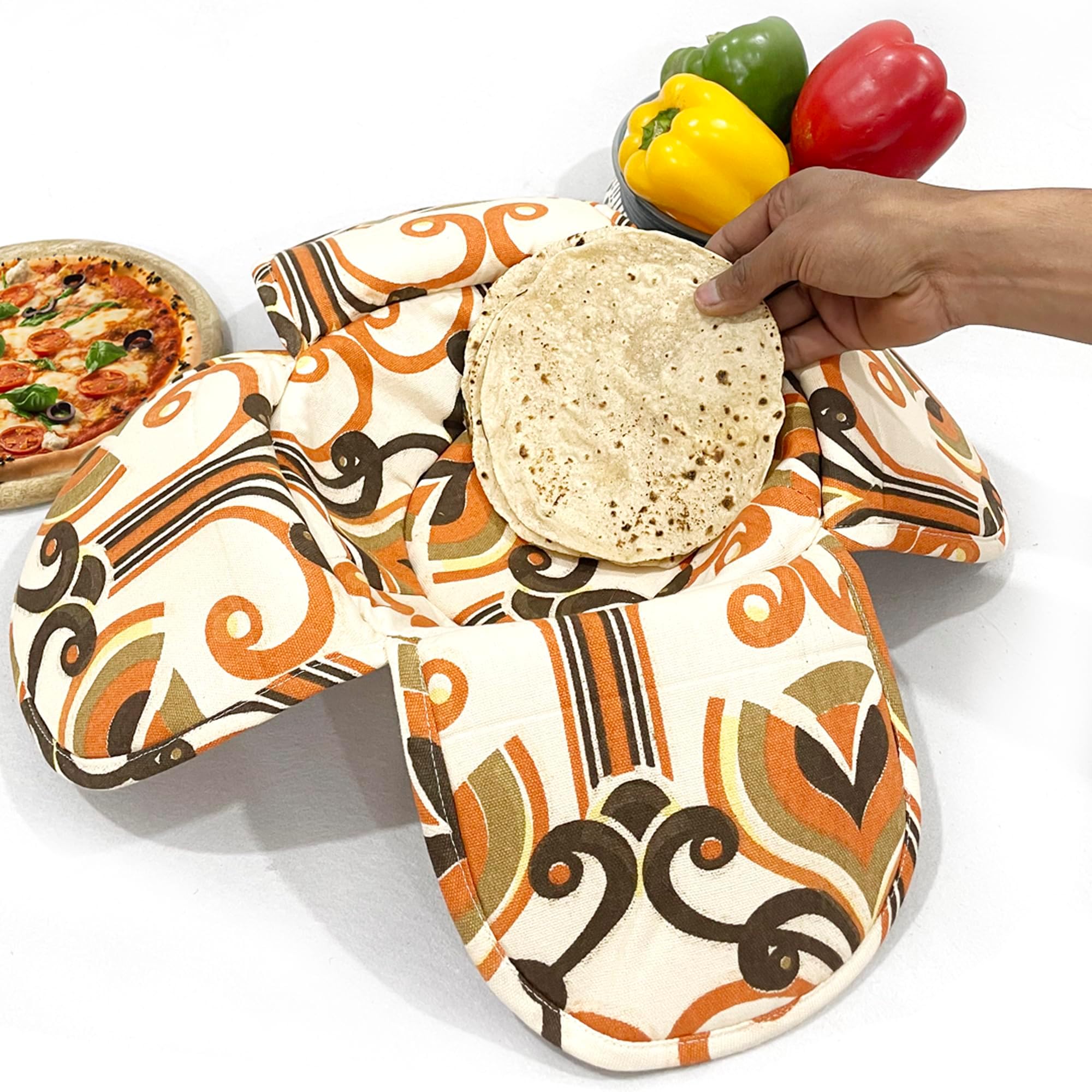 Swayam 100% Cotton Abstract Design Printed Orange and Brown Colour Bread/Roti Basket | Size: 22 cms Diameter with Removable Cover | Pack of 1