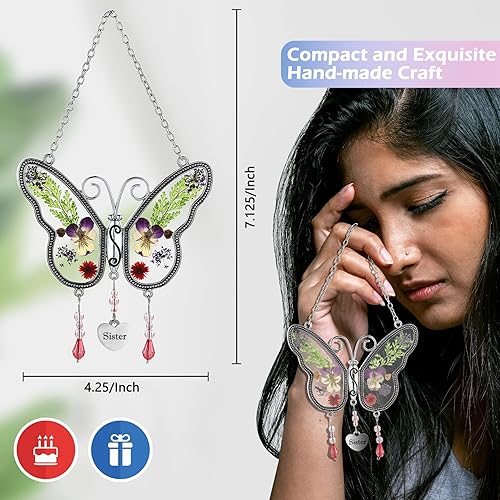 Miniatura 3 de KUNDGLA - Atrapasoles con diseño de mariposa para hermana, vitral, con alas de flores prensadas incrustadas en vidrio con ribete de metal, dije de