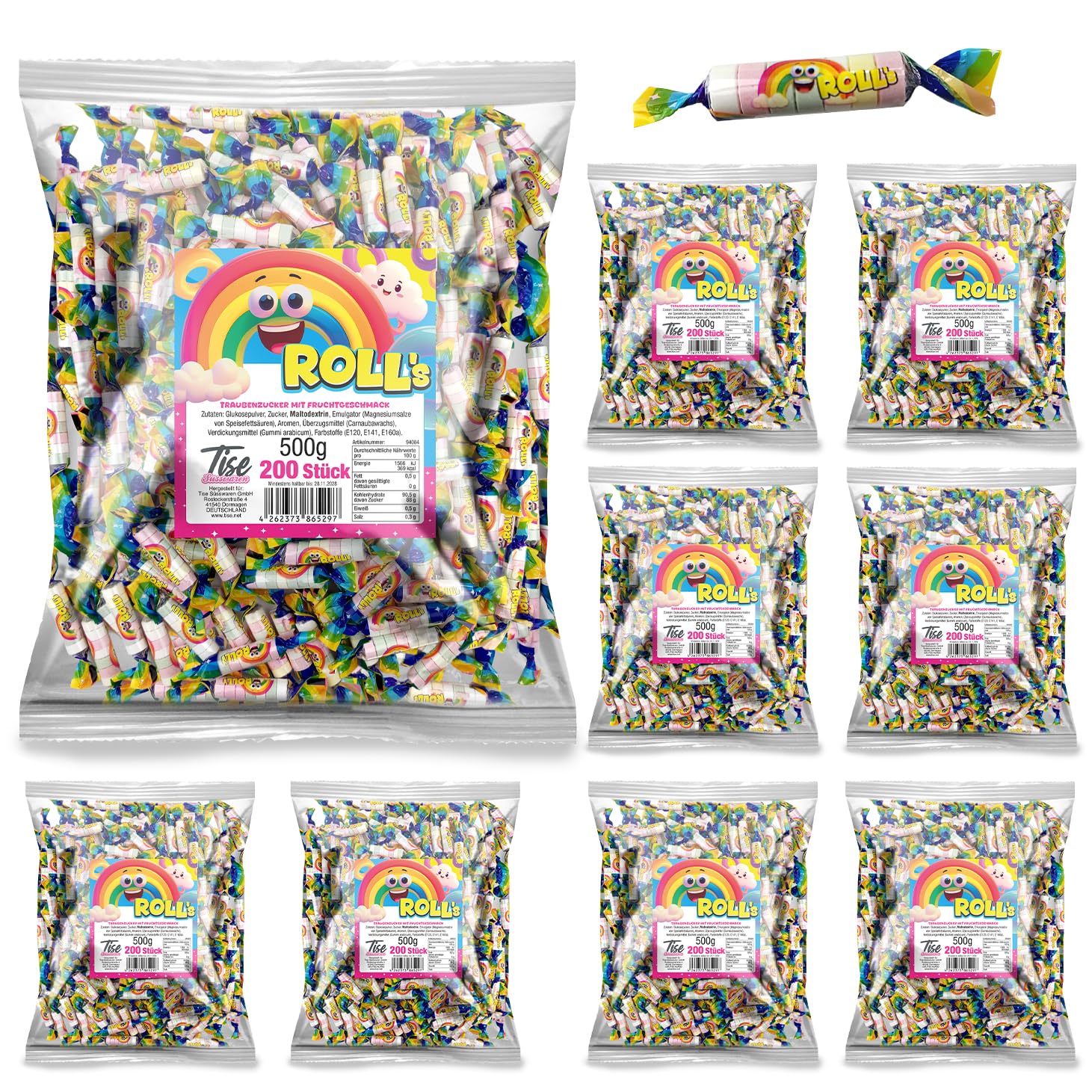 Tise Süsswaren Roll's Traubenzucker Röllchen, Wurfmaterial für Karneval und Fasching (4500g 1800Stück)