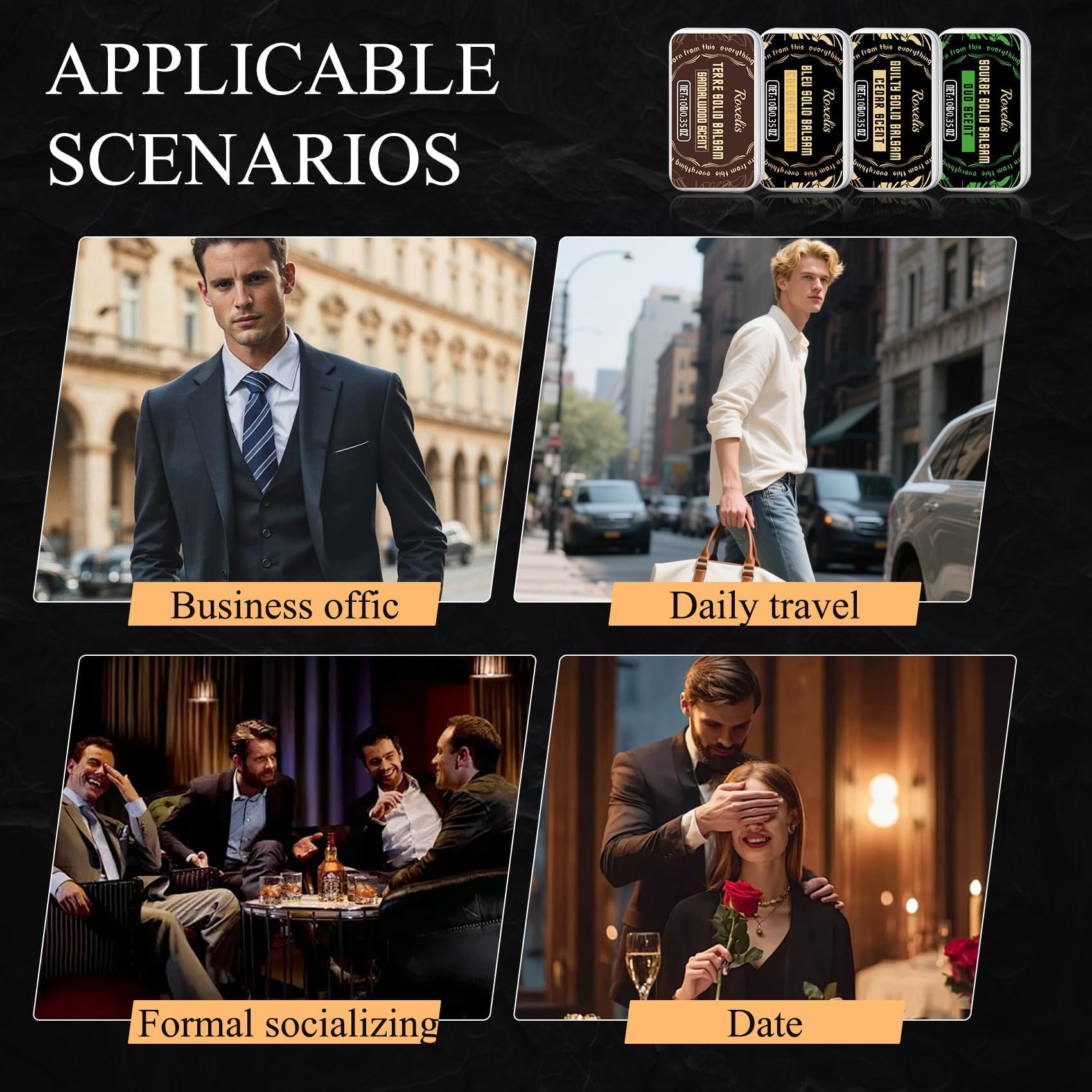 4 pièces Parfum solide pour homme, parfum masculin aux phéromones | vétiver, cèdre, sauge, santal, parfum pour homme automne-hiver, coffret de parfum format voyage, cadeau pour homme (4 x 10 g)