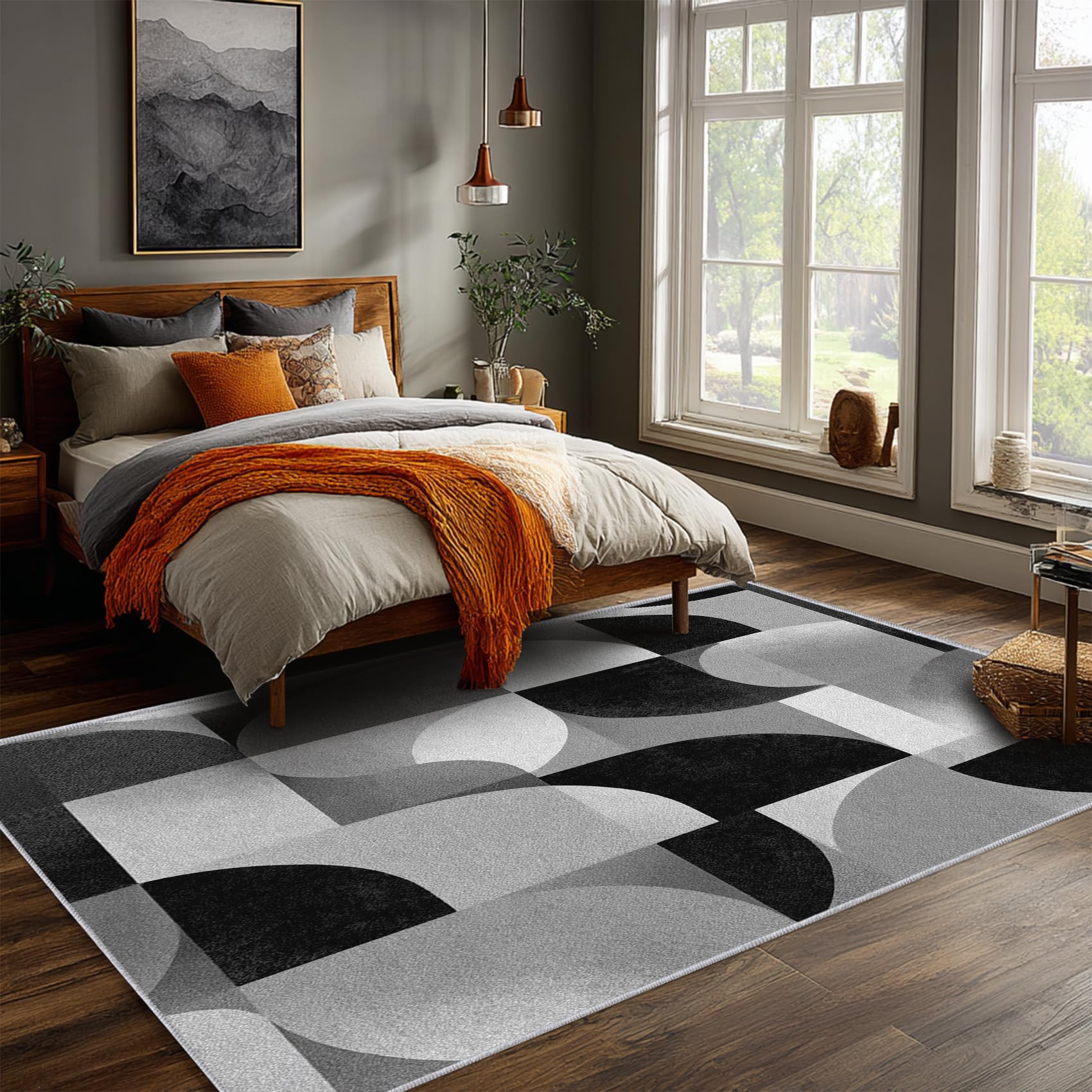 Teppich Geometrische Wohnzimmer 200 x 300 cm Mit Modern Schwarz Grau Muster, Geometrische Schlafzimmer Deko Bettvorleger, Kurzflor rutschfest Waschbar Teppiche Gegend