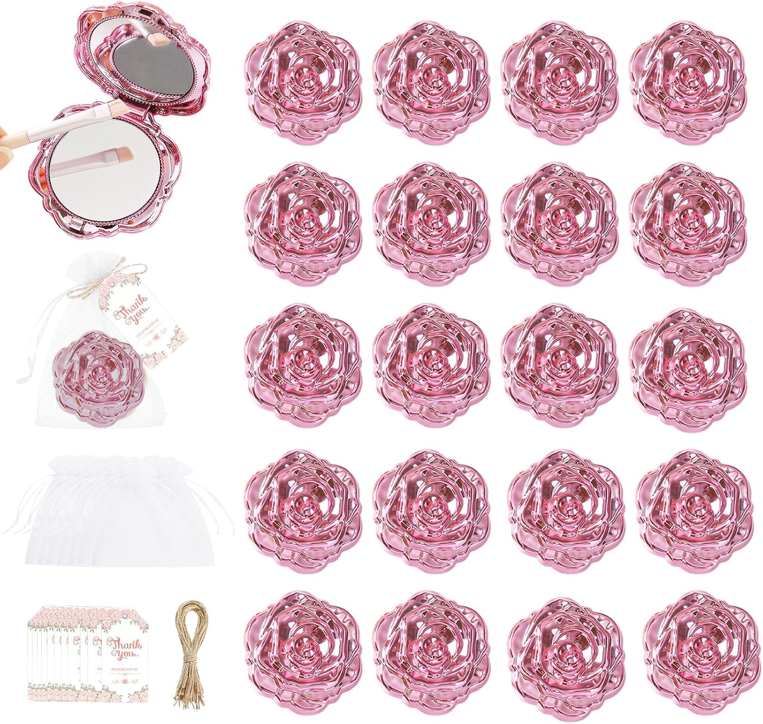 20 Set Rose Compact Mirrors Flower Small Pocket Makeup Double Sided Hand Mirror Cosmetic Bulk Including Thank You Tags Jute Twine White Bags for Bridal Shower Wedding Party Favors Pink