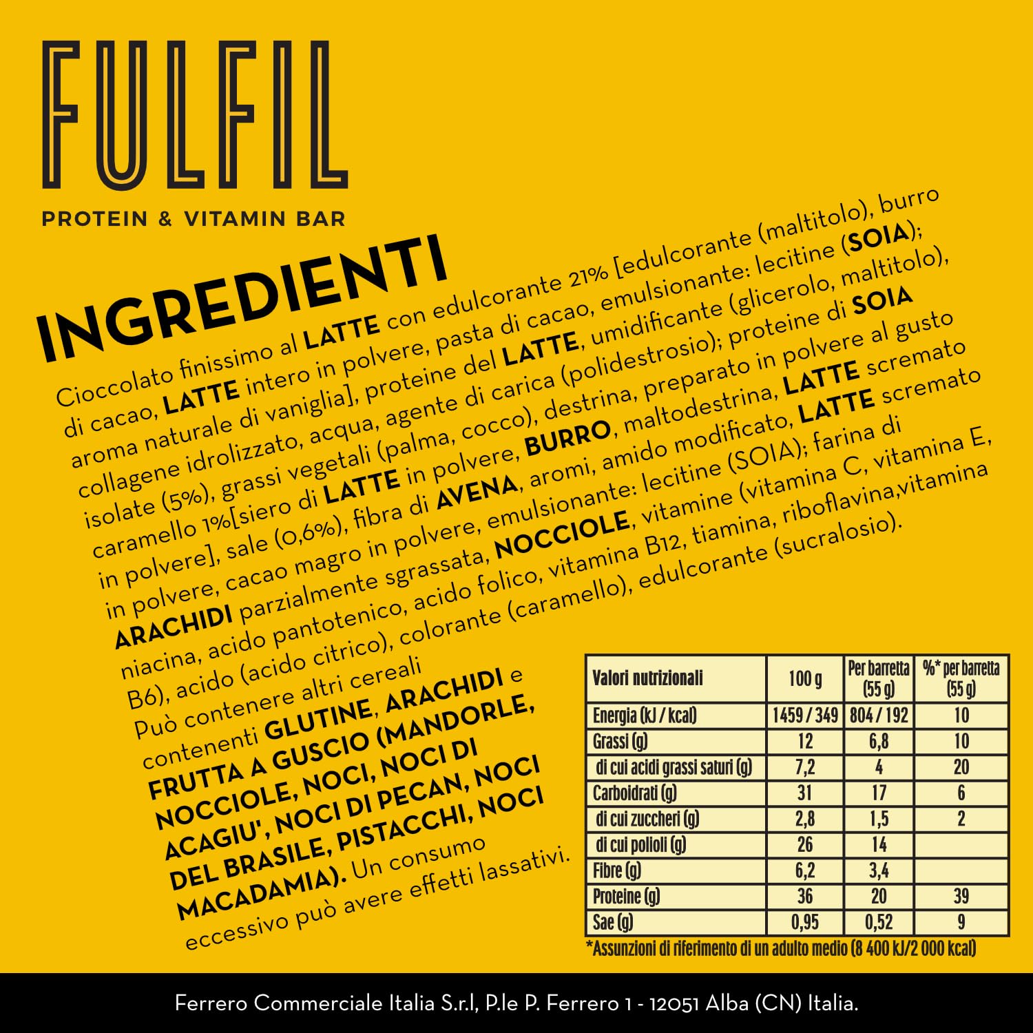 FULFIL - 15 Barrette Proteiche da 55 Grammi, Gusto Cioccolato e Caramello Salato con 9 Vitamine e Pochi Zuccheri, Confezione da 825 Grammi