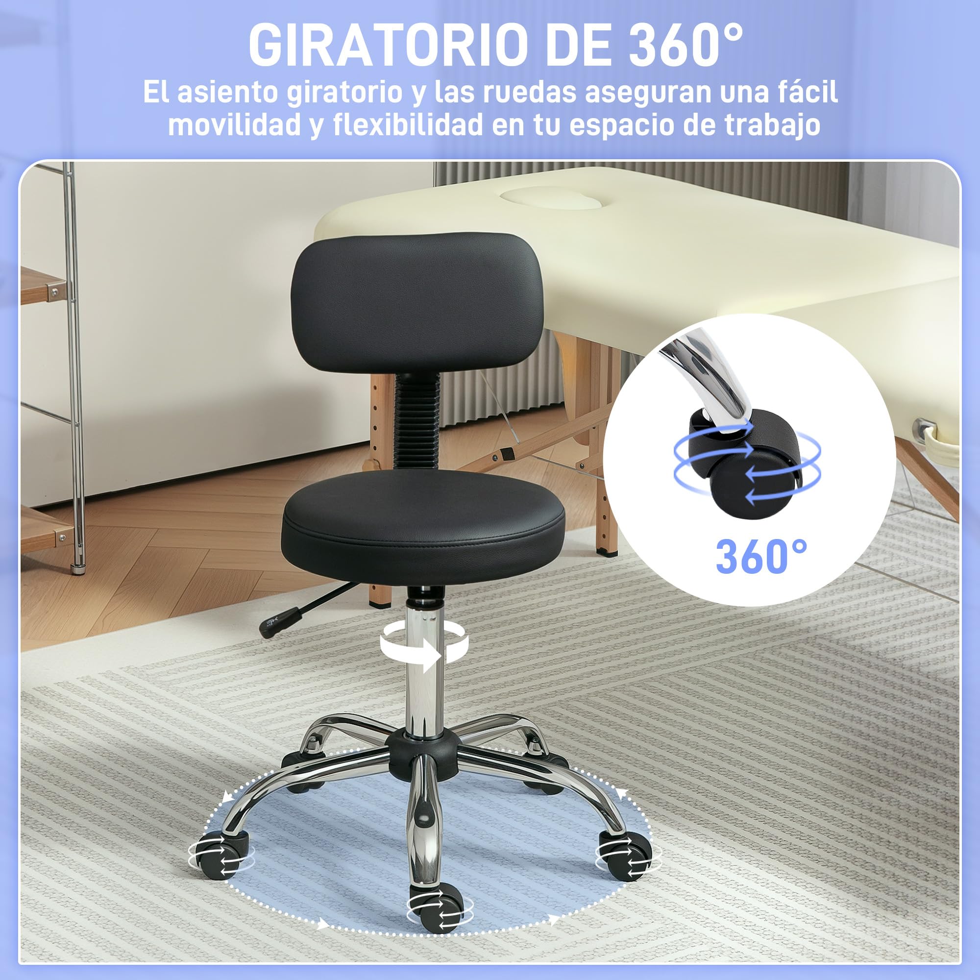 HOMCOM Taburete con Ruedas Giratorio, Taburete de Trabajo con Respaldo Desmontable, Altura Regulable, Tapizado en Cuero Sintético, para Oficina, Dormitorio, Negro