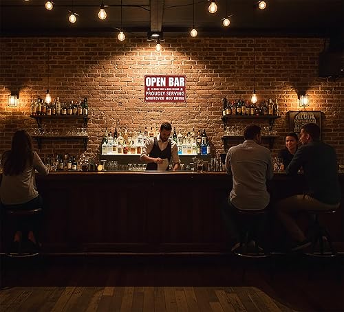 Miniatura 4 de Divertido letrero de barra abierta con texto en inglés "Orgullosamente sirviendo lo que traigas" para el hogar, bar, hombre, cueva, garaje,