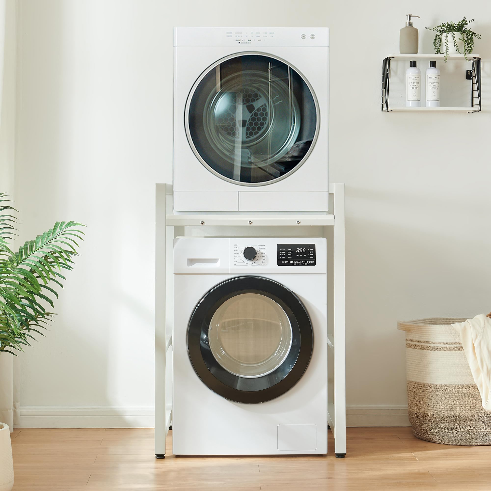 [en.casa] Scaffale per Incolonnamento Lavatrice Asciugatrice Kit di Sovrapposizione in Acciaio con Ripiano Regolabile Colonna Bucato Supporto Bagno Lavanderia 105x73x63 cm - Bianco
