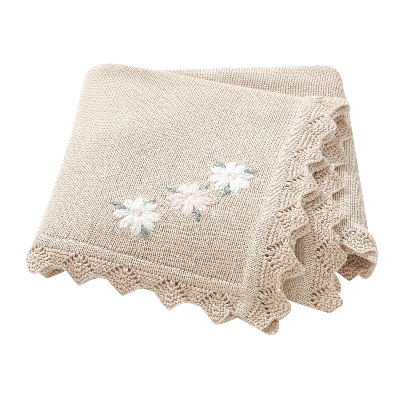 LAWKUL Babydecke 100% Nachvollziehbar Baumwolle Weich Gestrickt Babydecken Blumen für Neugeborene Jungen Mädchen 100x80cm Khaki