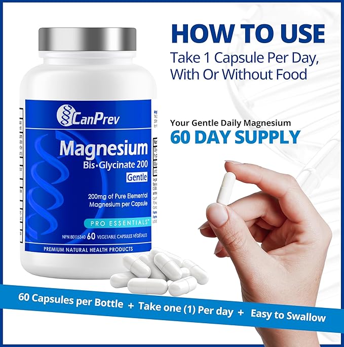 Additionally, CanPrev's Magnesium Biglycinate is vegan, non-GMO, and gluten-free, ensuring it aligns with various dietary restrictions and preferences. The use of magnesium bisglycinate is preferred for its lower likelihood of causing digestive discomfort compared to other forms of magnesium supplements. This makes it a preferable choice for those with sensitive stomachs or digestive issues, ensuring that users can enjoy the benefits without adverse side effects.