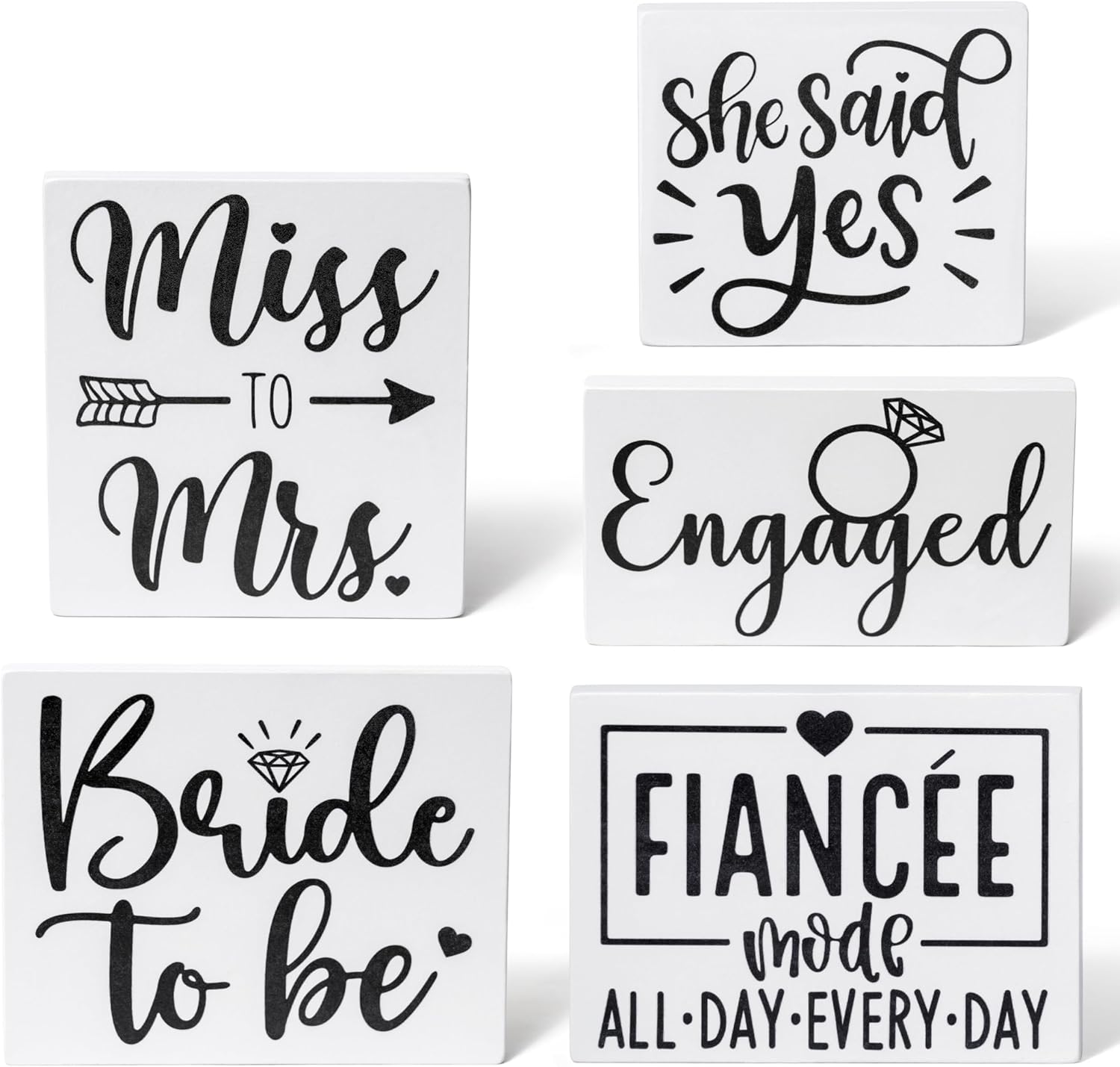 WATINC Engagement Party Centerpieces Decorations - 5pcs Miss to Mrs Engaged Wood Sign Tables Decor, Sweet Engagement Tabletop Tiered Tray Gift for Bridal Shower Bachelorette Betrothal Party (Black & White)