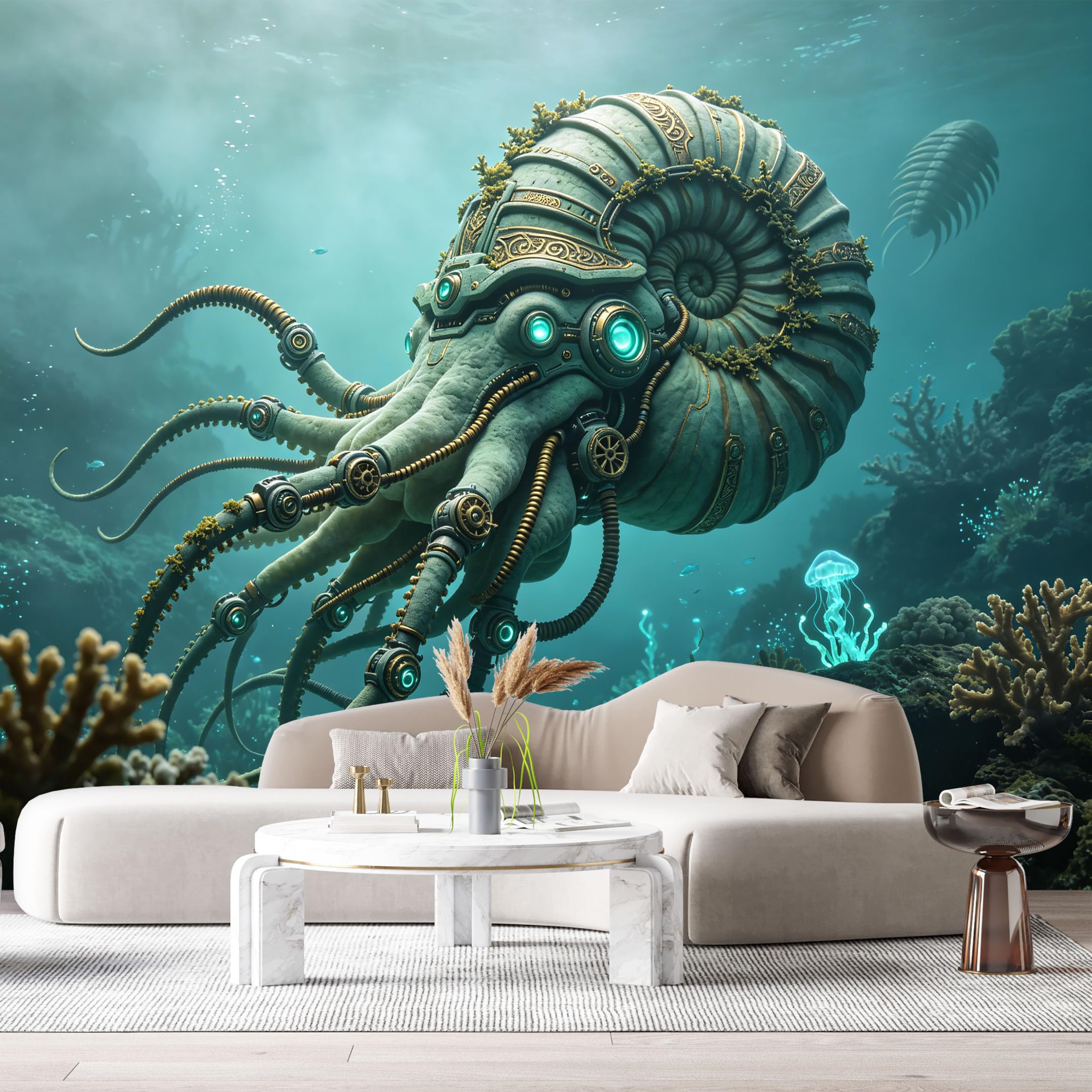 Custom Size Wall Mural Mechanical Nautilus SciFi Deep Sea Steampunk Armor Cephalopod Art SelfAdhesive Art Prints Removable Large Wallpaper Esports Room Game Room Tenant Room Studio