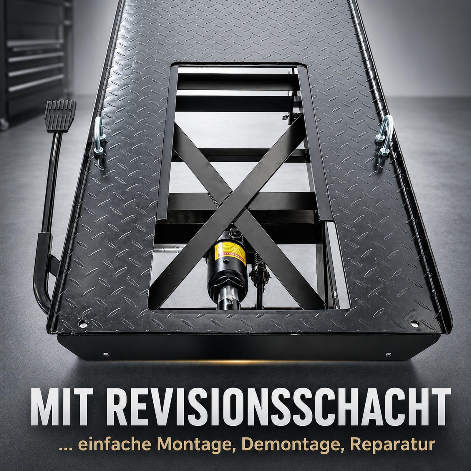 TRUTZHOLM Motorradhebebühne hydraulisch Tragkraft 450 kg Motorradheber Nutzbreite 55 cm Hubbereich 18-84 cm abnehmbare Auffahrrampe 4 Halteösen 45° Vorderradklemmung Parallelheber Hebebühne (Schwarz)