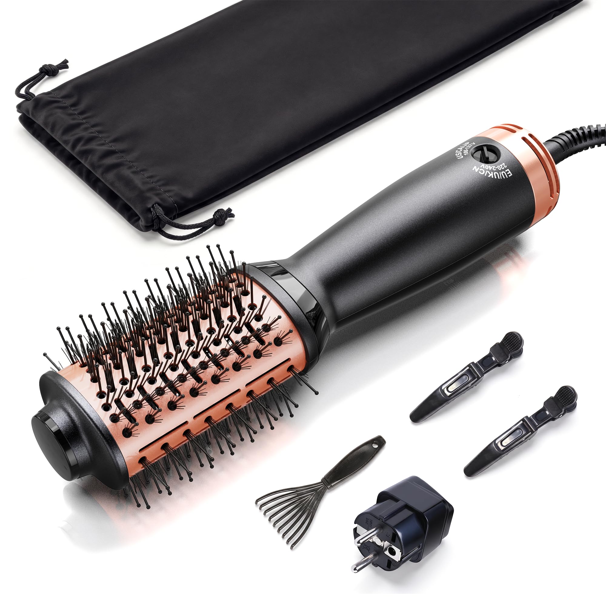 Dual Voltage Hair Dryer Brush Travel Size(110-220V), Compact Light-Weight European Travel Blow Dryer Brush for Hair Volume, Smoothness & Curls, One Step Travel Hair Dryer Brush, Pouch & EU Plug Pink Gold