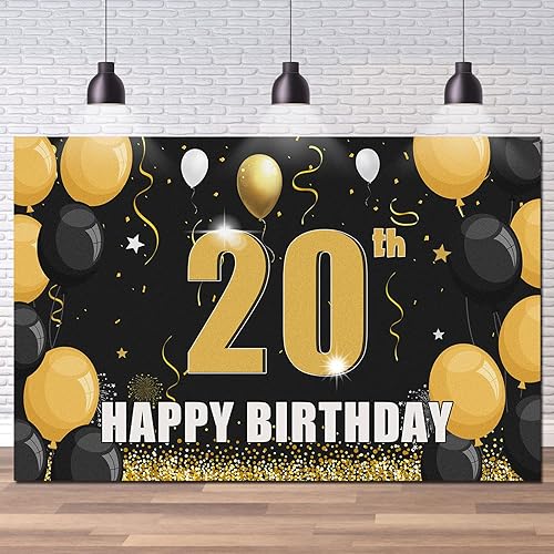 Cartel de fondo de feliz cumpleaños 20 en negro y dorado, cartel de cumpleaños de 20 años, fondo de cumpleaños de veinte años, decoración de cabina