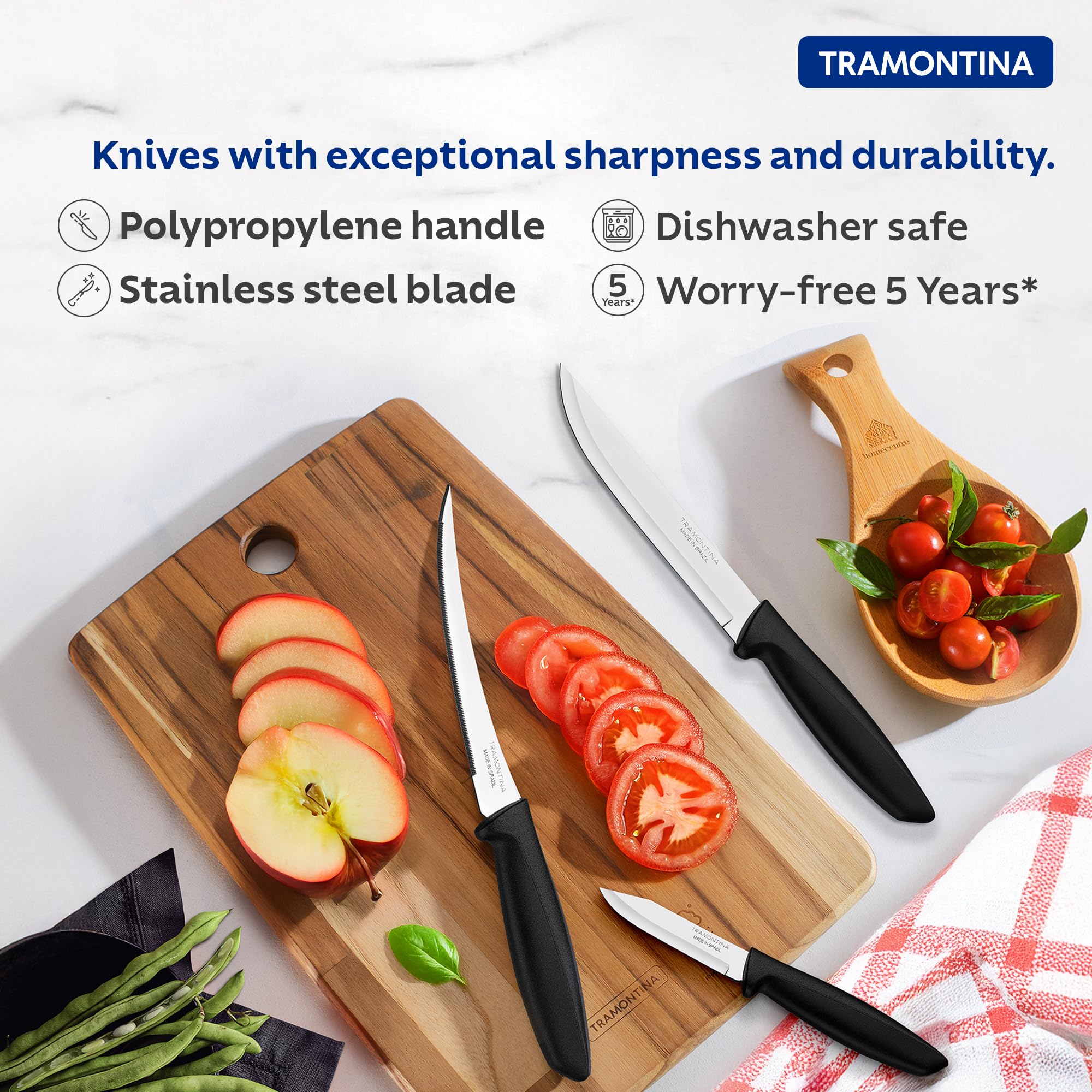 TRAMONTINA Plenus 3-Piece Knife Set – Stainless Steel Blades with Black Polypropylene Handles, Dishwasher Safe, Everyday Kitchen Essentials 3
