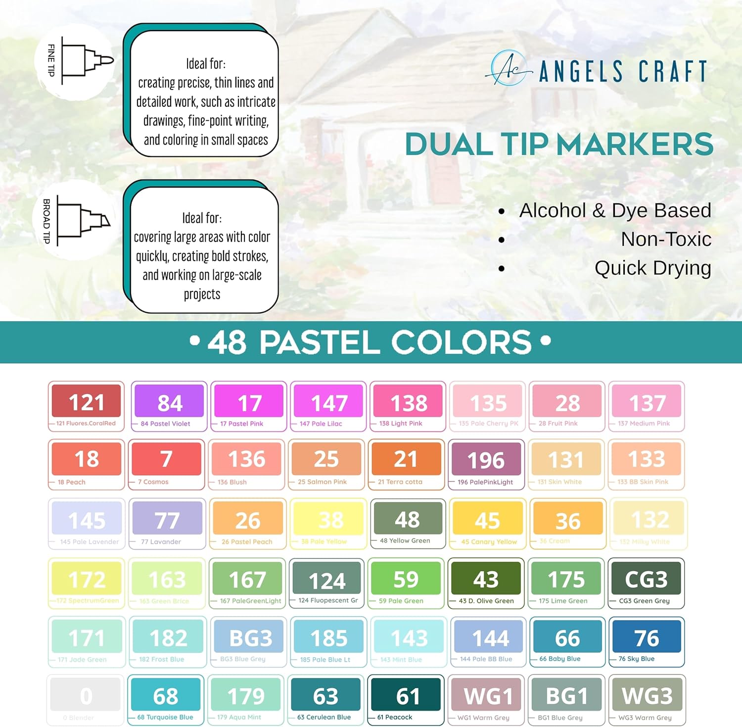 48-Piece Set of Alcohol Dual Tip Markers in Soft Pastel Colors with Reusable Storage Case Sketch Pen for Coloring Drawing Artist Art Supplies