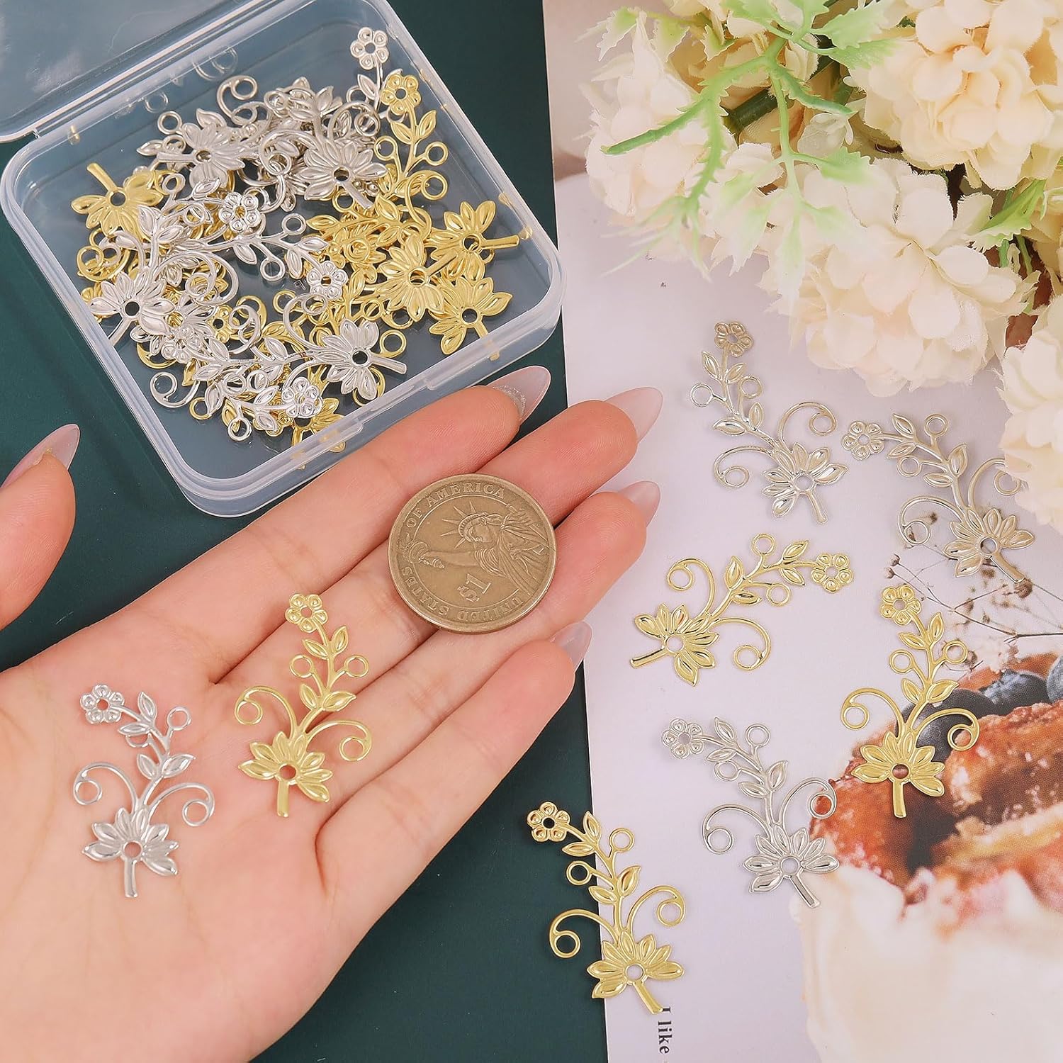 CHGCRAFT 24 pcs 2 Colors Branch Leaf Base Pendant Setting Brass Twig Blank Base Leaves Branch Pendants for DIY Necklace Jewelry Earrings Crafts Supplies, 2 Colors, 1.53x0.87x 0.02inch - Image 3