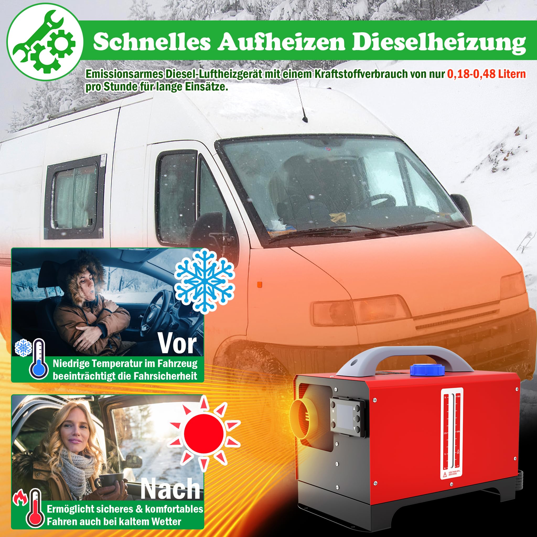 SUBTLETY 12V Diesel Standheizung 8kW Air Dieselheizung 0.18-0.48 L/h Horizontal Diesel Lufterhitzer mit Fernsteuerung LCD Monitor und Schalldämpfer für Auto LKW RV Wohnmobil Boote Bus (Rot, Typ C)