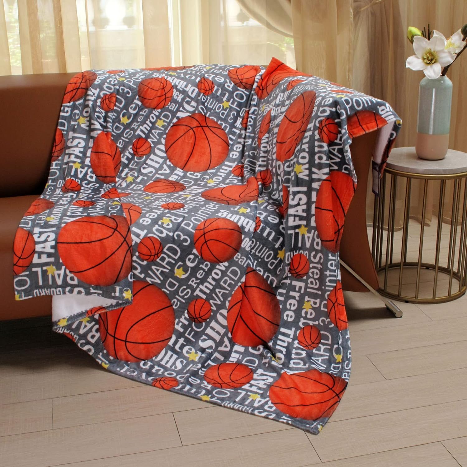 Passion for Basketball Collection Easy-Care Fabric Shower Curtain Set 70”x72” with 12 Hooks (Pewter Background)