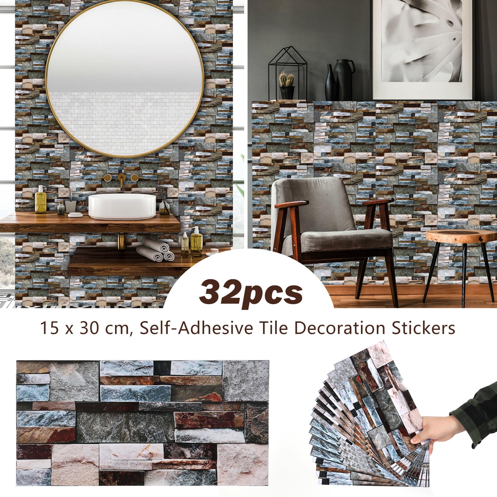 Adesivo per piastrelle, marmorizzazione, 15 x 30 cm, autoadesivo per piastrelle in PVC, per bagno e cucina, per parete posteriore della cucina, armadio, mobili, sala da pranzo e tavolo (H, 32)