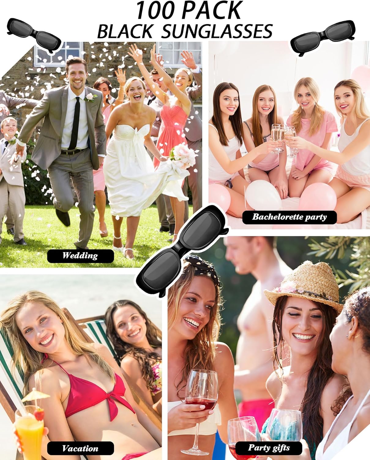 Wholesale 100 Pairs Retro Rectangle Sunglasses Bulk for Women Men Wedding Party Favors for Guests Bachelorette Glasses