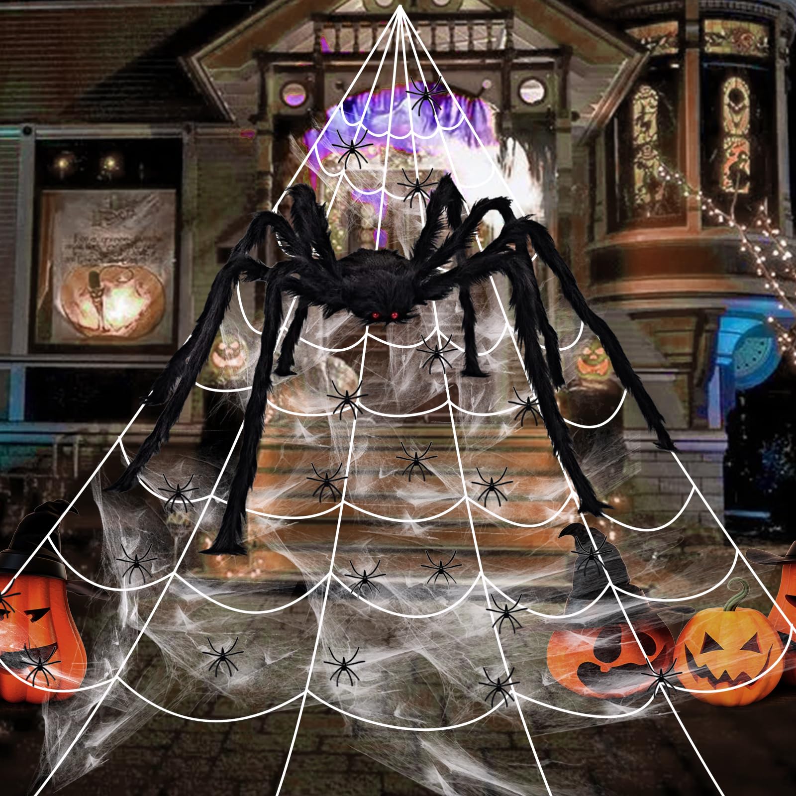 Décor Toile D'araignée Halloween 700 Cm Avec 20 Petites Araignées + Araignée Géante 90 Cm - Pour Jardin, Maison