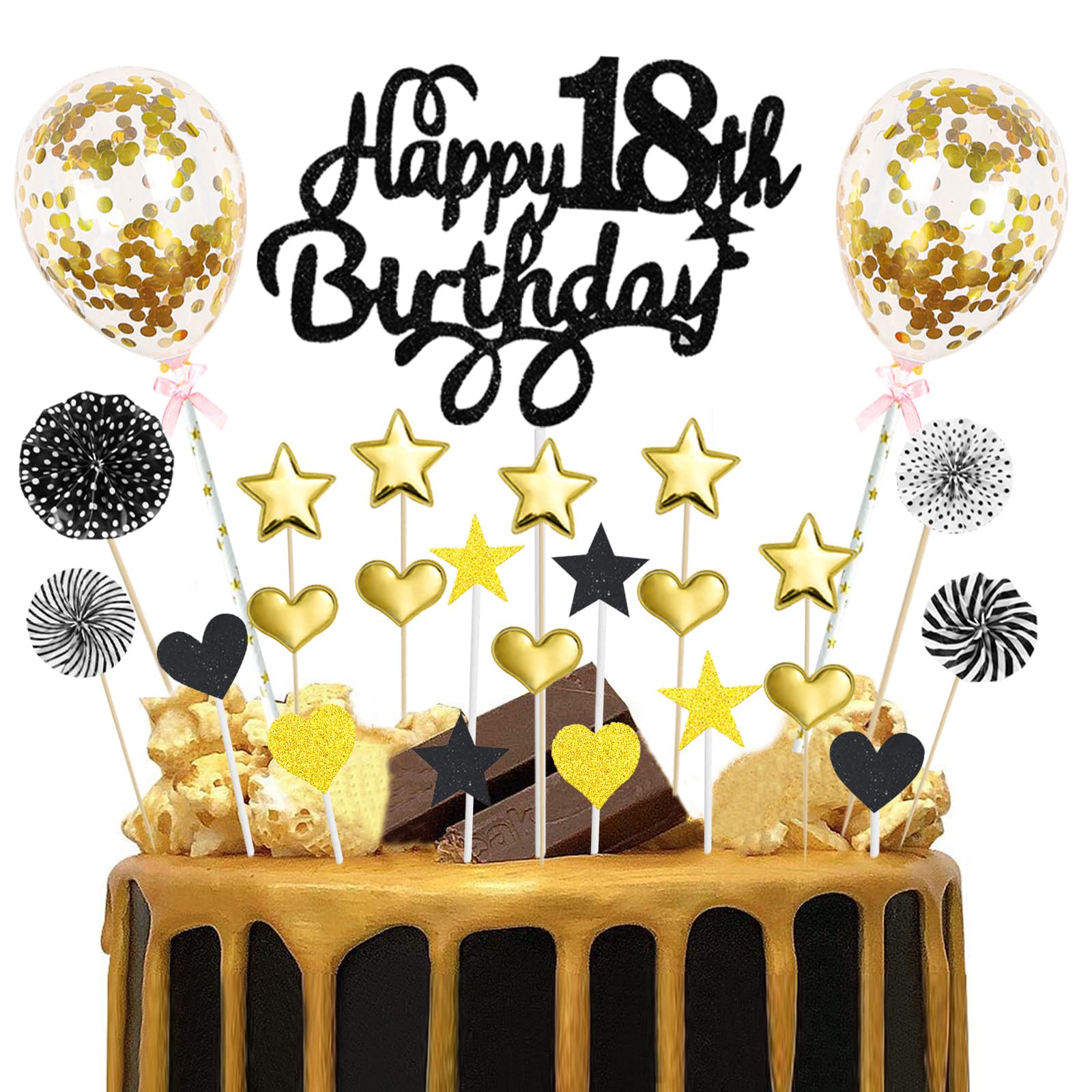 Happy Birthday Cake Topper 18th, 25pcs Black Gold Glitter Happy 18th Birthday Cake Topper with Star Heart Paper Fan Balloon, Birthday Cupcake Topper for Boys Eighteen Anniversary Birthday Party Decor