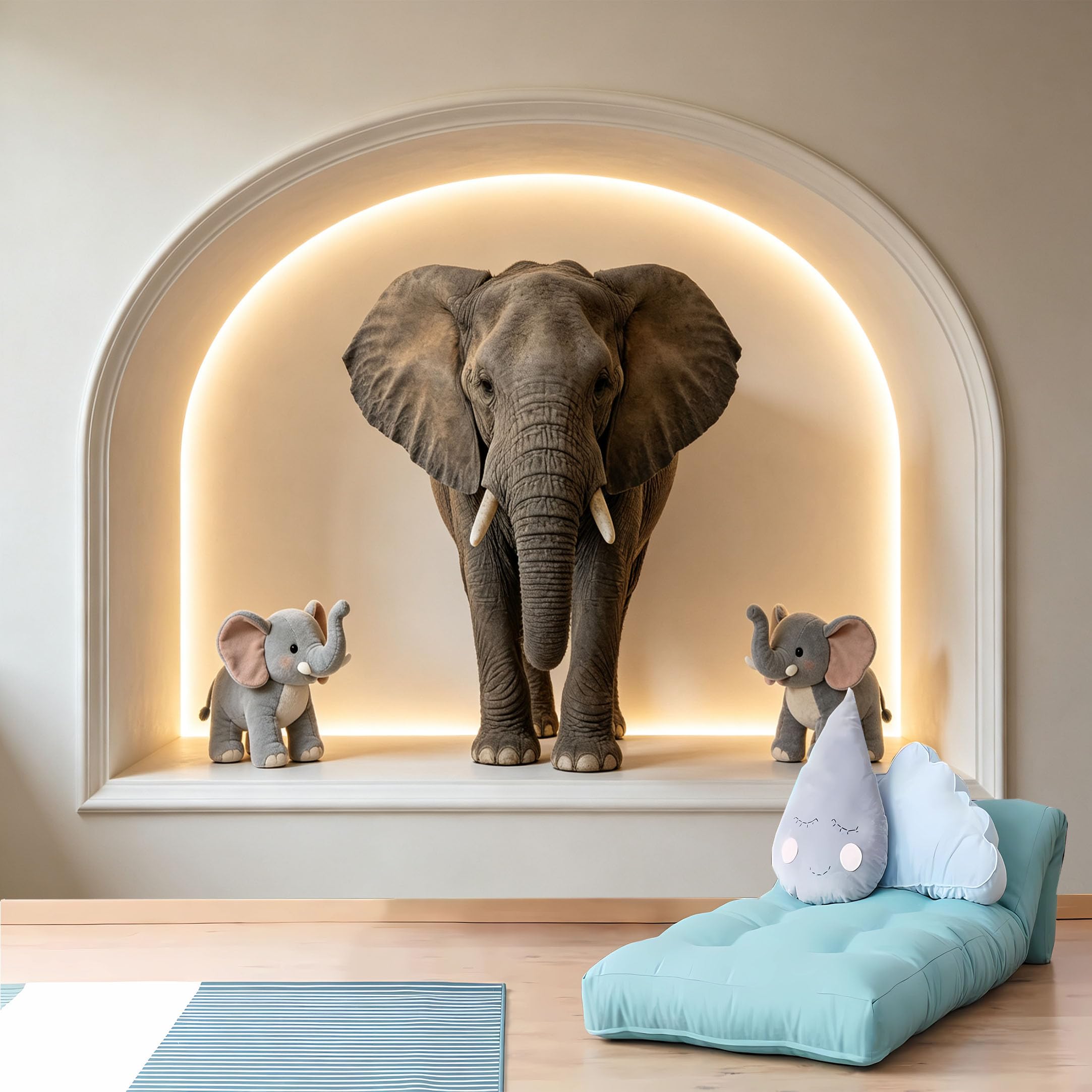 Custom Size Wall Murals 3D Elephant Family Niche Scene Full Wall Wall Murals Self-Adhesive Wall Fabric (NO PVC) Removable Wallpaper for Kids Room