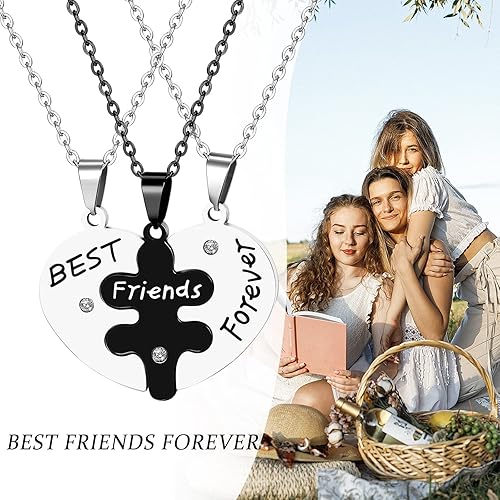 Miniatura 2 de Collar de amistad BFF colgante 3 rompecabezas grabado corazón Best Friends Forever Rhinestone juego de collares de aleación
